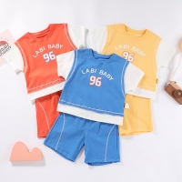 拉比童装短袖套装男孩女孩夏季纯棉薄款蓝球服假两件套装橙色新款